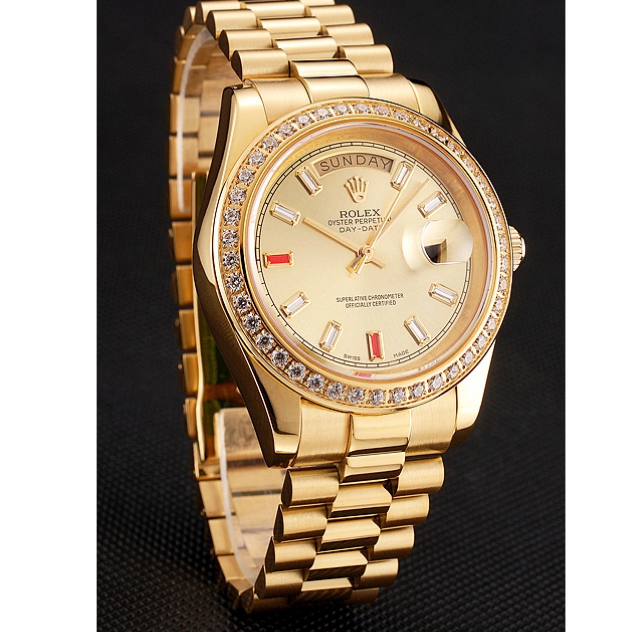 Good Copy Rolex Watches Rolex Day-Date Rubies Gold Swiss Diamonds Dial 1454100 And Champagne Bracelet 0714